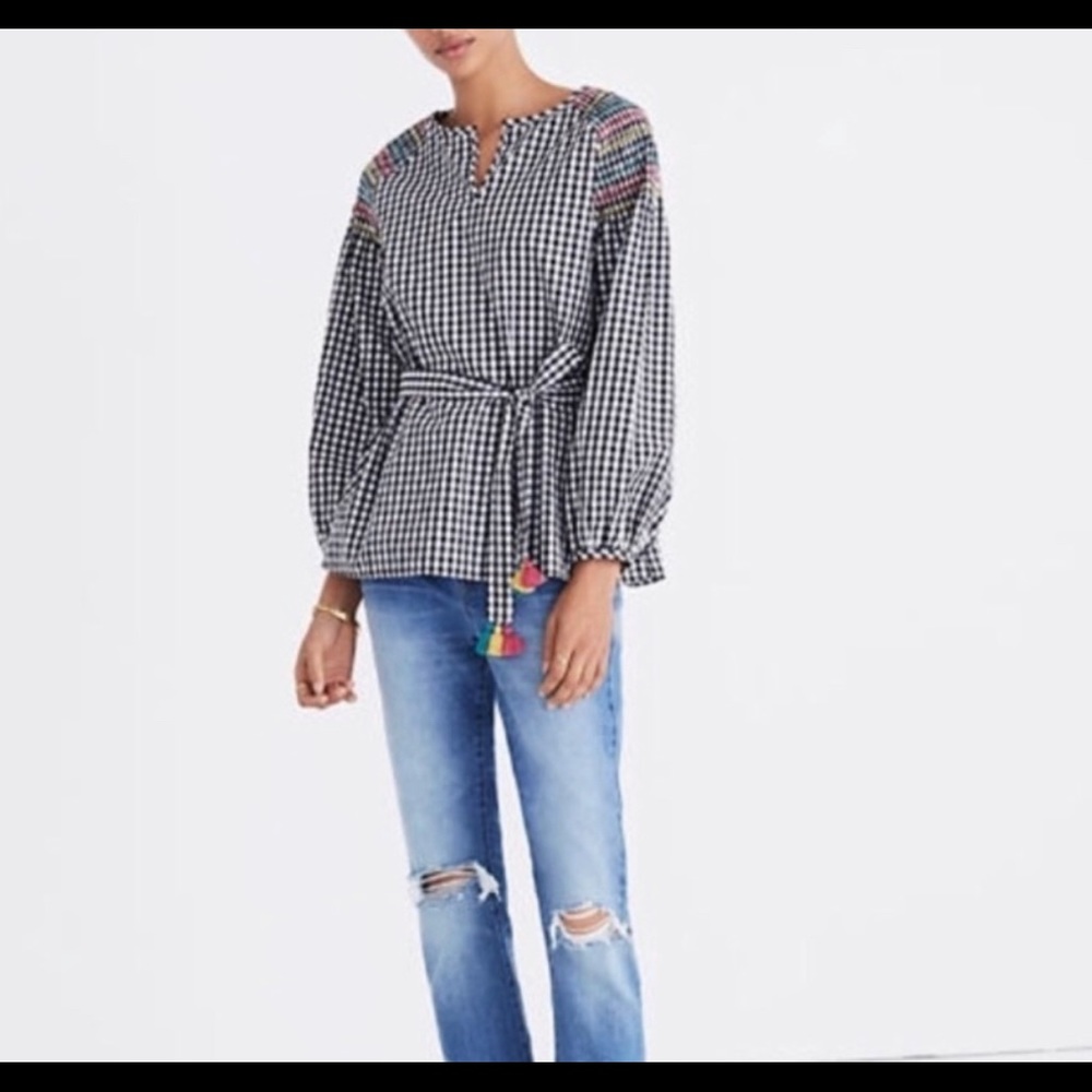 Madewell cute checked blouse with tassel belt M
